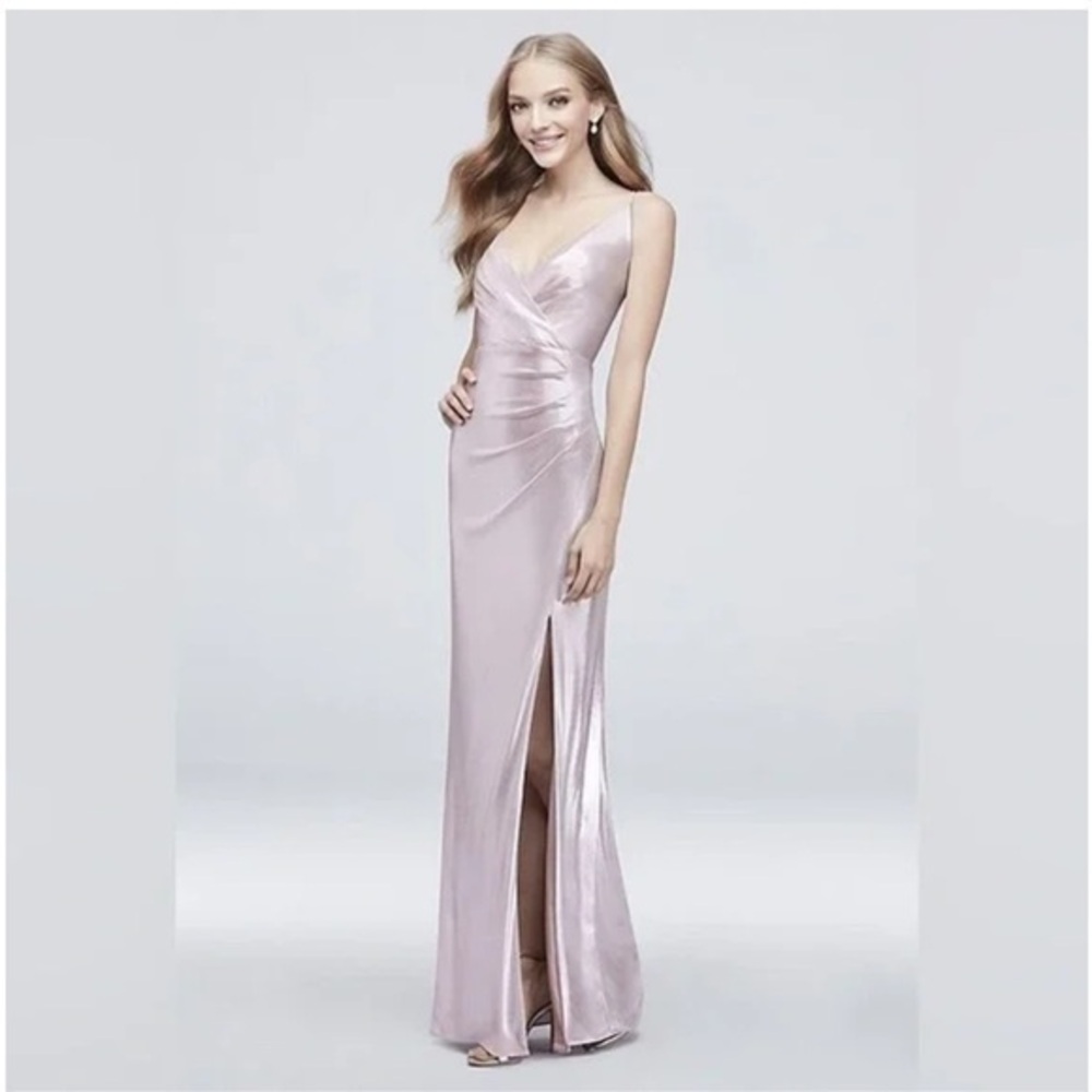 NWT David Bridal V-Neck Foiled Jersey Sheath Dress With Pleats Dusty Rose Size 4